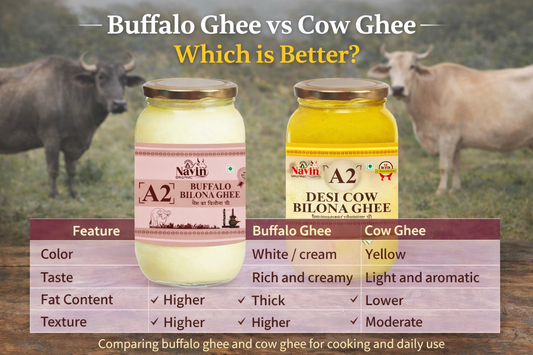 Buffalo ghee vs cow ghee comparison showing differences in taste, nutrition and texture